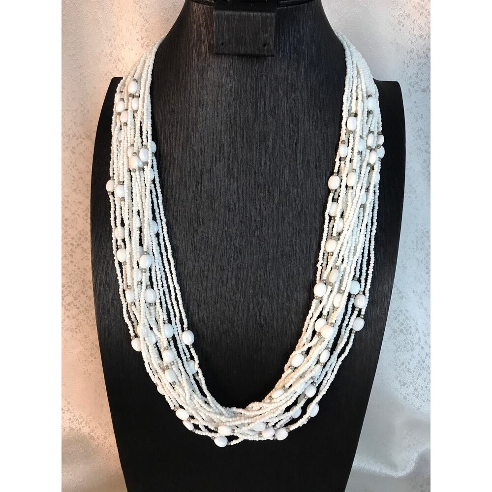 Vintage Multi Strand White and Silver Beaded Necklace